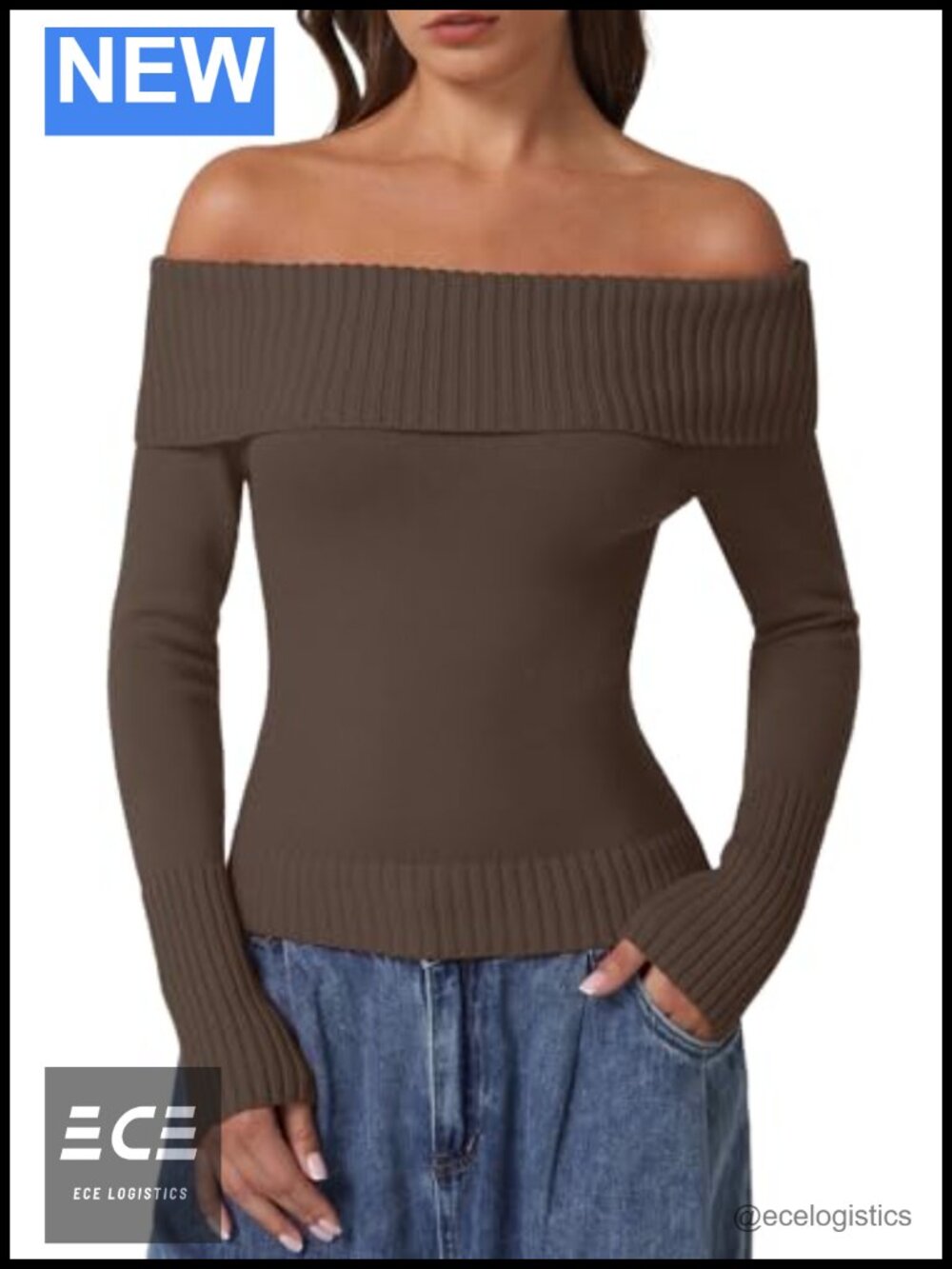 QINSEN Cotton Off The Shoulder Sweater Long Sleeve Ribbed Knit Pullover Slim
